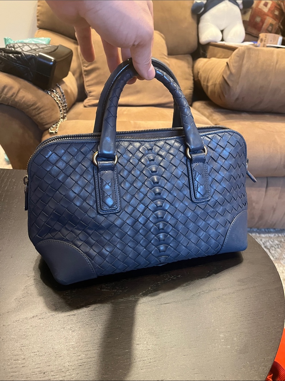 Bottega Veneta Vintage Woven Top Handle Leather Bag - Navy